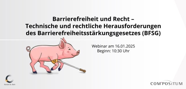 Titelfolie der Präsentation des Webinars mit der Aufschrift: „Barrierefreiheit und Recht – Technische und rechtliche Herausforderungen des Barrierefreiheitsstärkungsgesetzes (BFSG), Webinar am 16.01.2025, Beginn: 10:30 Uhr“ und eine Sau mit Blindenstock und Armbinde